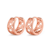 Stylish openwork huggie earrings in 18K rose gold plating, perfect for adding a touch of elegance to any outfit.
